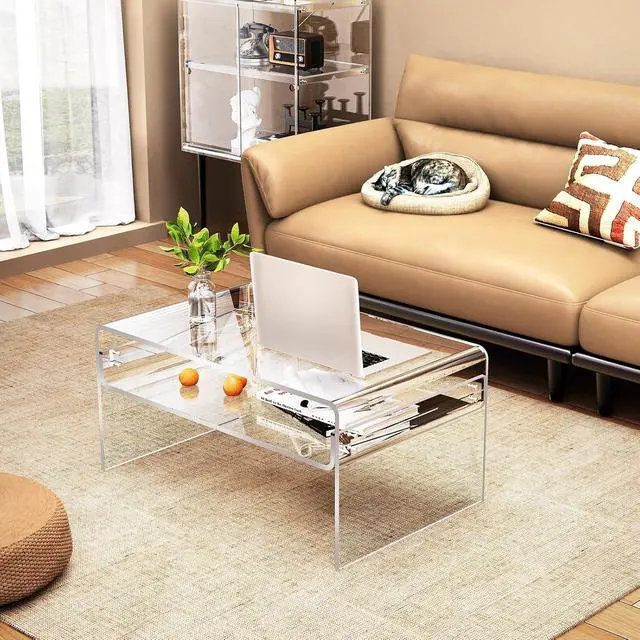Alt view image 2 of 7 - Acrylic Coffee Table for Living Room Clear Rectangle Lucite Table with Open Storage Shelf, Clear