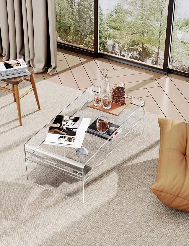 Alt view image 4 of 7 - Acrylic Coffee Table for Living Room Clear Rectangle Lucite Table with Open Storage Shelf, Clear