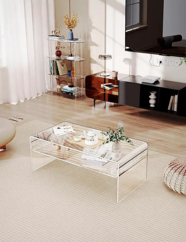 Alt view image 6 of 7 - Acrylic Coffee Table for Living Room Clear Rectangle Lucite Table with Open Storage Shelf, Clear