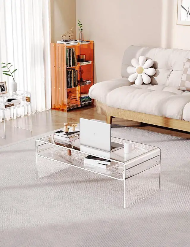 Alt view image 7 of 7 - Acrylic Coffee Table for Living Room Clear Rectangle Lucite Table with Open Storage Shelf, Clear