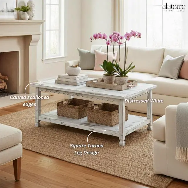 Alt view image 5 of 7 - Alaterre Furniture Country Cottage Coffee Table, White Antique, 42x24x18