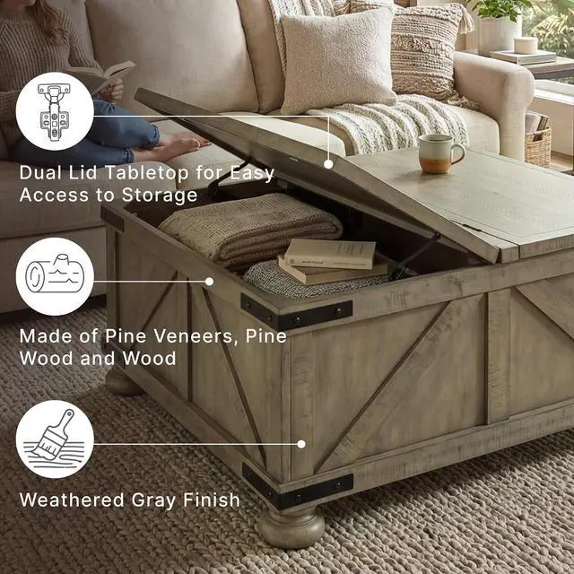 Alt view image 3 of 7 - Signature Design by Ashley Aldwin Farmhouse Square Coffee Table with Lift Top for Storage, Grayish Brown