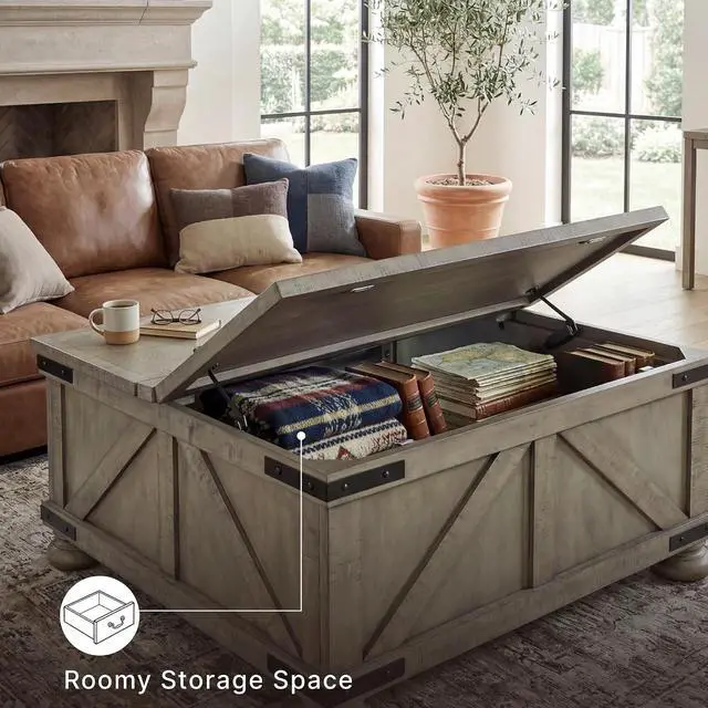 Alt view image 5 of 7 - Signature Design by Ashley Aldwin Farmhouse Square Coffee Table with Lift Top for Storage, Grayish Brown