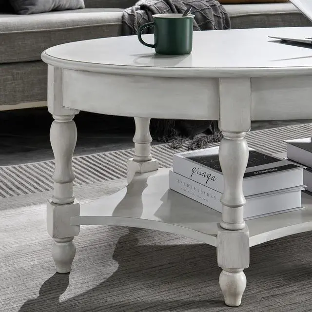 Alt view image 7 of 7 - Wood Oval End Table with Drawer&Storage Shelf, 27.6x44.9in Antique White