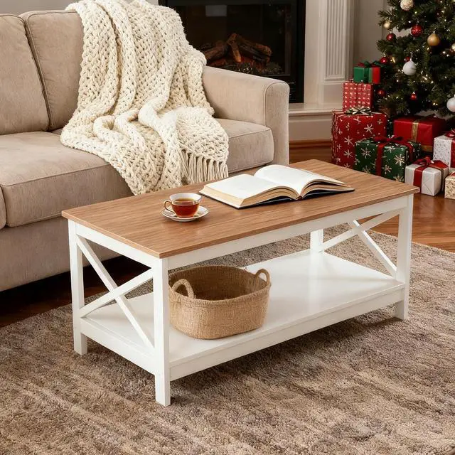 Alt view image 4 of 7 - MAISON ARTS White Coffee Table for Living Room, Farmhouse Center Table