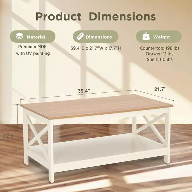 Alt view image 3 of 7 - Sophia & William Farmhouse Coffee Table for Living Room, White
