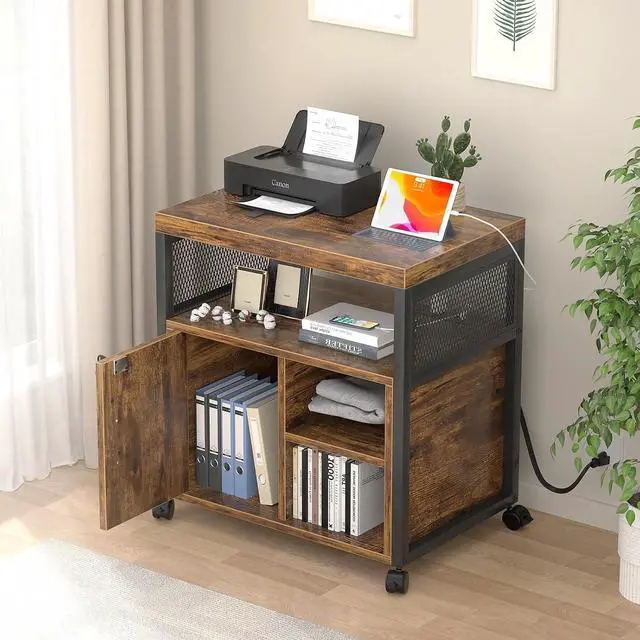 Alt view image 2 of 7 - Unikito Rolling File Cabinet, Lateral Filing Cabinet on Wheels Mobile Office Printer Stand with Door and Open Storage Shelf for A4, Letter Size and Hanging File Folders, Lockable, Rustic Brown