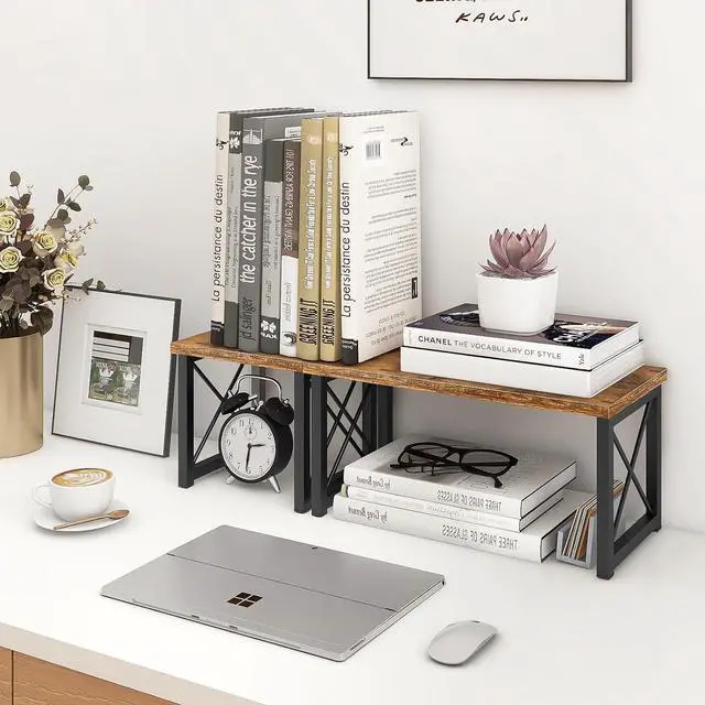 Alt view image 7 of 7 - ELITEROO Wood Desktop Shelf, 2 Tier Adjustable Small Bookshelf Organizer