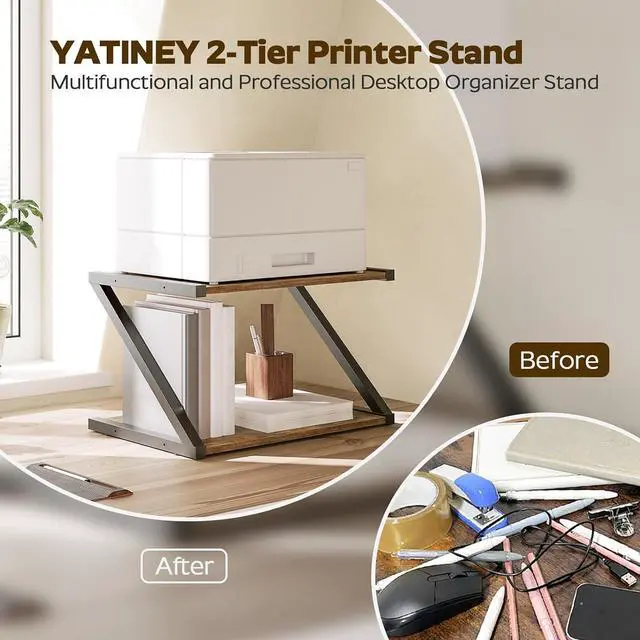 Alt view image 6 of 7 - YATINEY Desktop Printer Stand, 2-Tier Printer Table with Storage Shelf, Under Desk Printer Stand for Office, Open Organizer Shelf, Easy Assembly, Rustic Brown PS02BR
