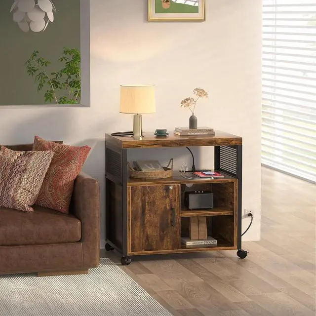 Alt view image 4 of 7 - Unikito Rolling File Cabinet, Lateral Filing Cabinet on Wheels Mobile Office Printer Stand with Door and Open Storage Shelf for A4, Letter Size and Hanging File Folders, Lockable, Rustic Brown