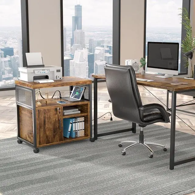 Alt view image 6 of 7 - Unikito Rolling File Cabinet, Lateral Filing Cabinet on Wheels Mobile Office Printer Stand with Door and Open Storage Shelf for A4, Letter Size and Hanging File Folders, Lockable, Rustic Brown