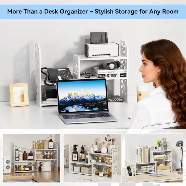 Alt view image 7 of 7 - YGYQZ Adjustable Desktop Shelf Organizer, 3-Tier Desk Shelf, White Pattern