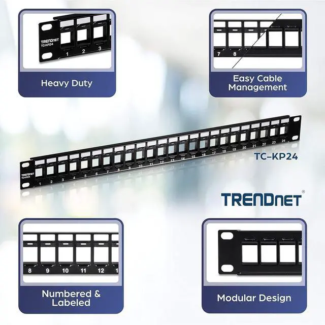 Alt view image 2 of 6 - TRENDnet 24-Port Blank Keystone 1U Patch Panel, 19" Metal Rackmount Housing, Recommended with TC-K25C6 & TC-K50C6 Cat6 Keystone Jacks (Sold Separately), Black, TC-KP24