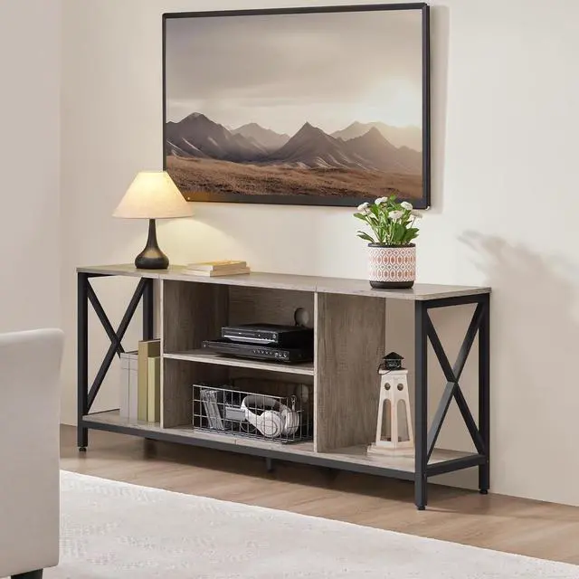 Alt view image 2 of 7 - Yaheetech TV Stand Fits 65 Inch, Living Room X-Frame Console Table, Gray
