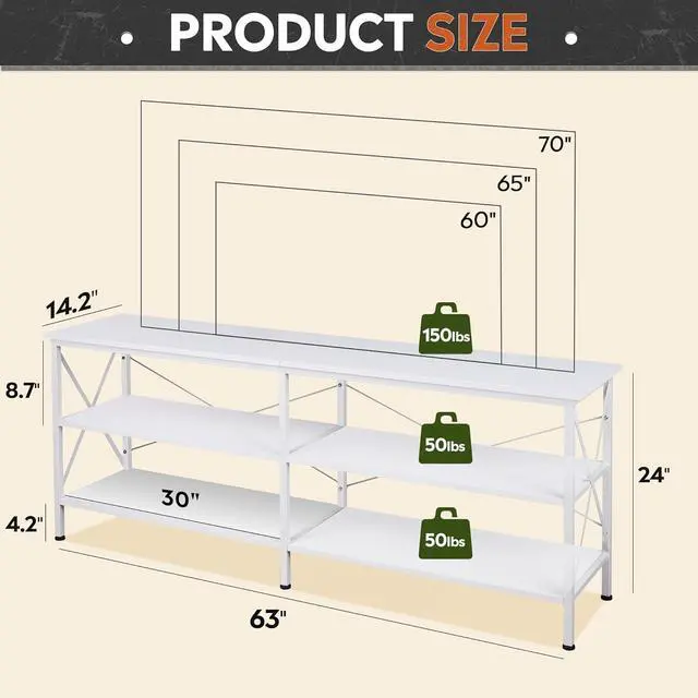 Alt view image 3 of 7 - WLIVE TV Stand up to 70 Inch TV, 63" Entertainment Center, White