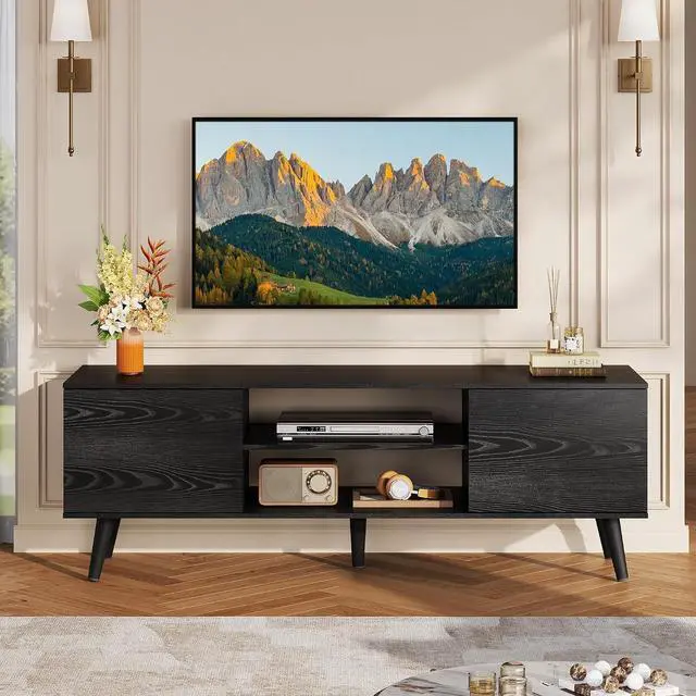 Alt view image 2 of 7 - WLIVE Mid-Century Modern TV Stand for 55/60 Inch TV, Entertainment Center with Storage & Adjustable Shelves, Media Console with Soft-Close Cabinets for Living Room/Bedroom, Black