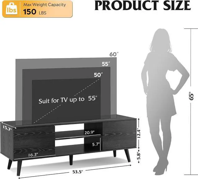 Alt view image 3 of 7 - WLIVE Mid-Century Modern TV Stand for 55/60 Inch TV, Entertainment Center with Storage & Adjustable Shelves, Media Console with Soft-Close Cabinets for Living Room/Bedroom, Black