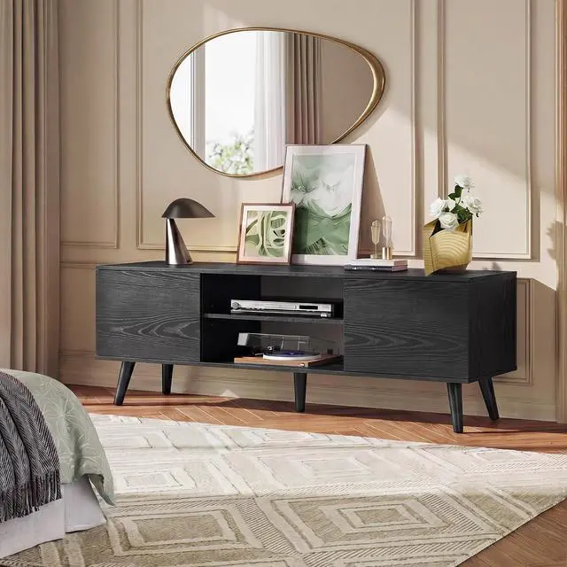 Alt view image 4 of 7 - WLIVE Mid-Century Modern TV Stand for 55/60 Inch TV, Entertainment Center with Storage & Adjustable Shelves, Media Console with Soft-Close Cabinets for Living Room/Bedroom, Black