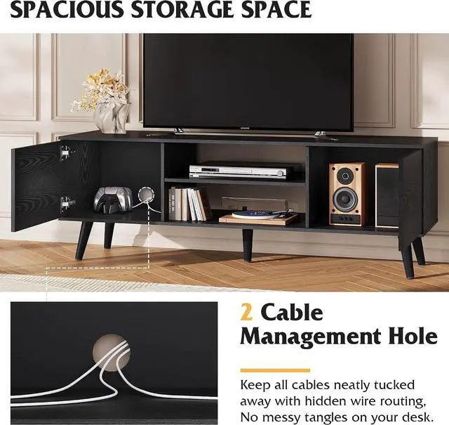 Alt view image 5 of 7 - WLIVE Mid-Century Modern TV Stand for 55/60 Inch TV, Entertainment Center with Storage & Adjustable Shelves, Media Console with Soft-Close Cabinets for Living Room/Bedroom, Black