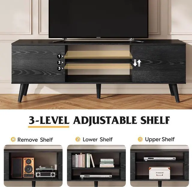 Alt view image 7 of 7 - WLIVE Mid-Century Modern TV Stand for 55/60 Inch TV, Entertainment Center with Storage & Adjustable Shelves, Media Console with Soft-Close Cabinets for Living Room/Bedroom, Black