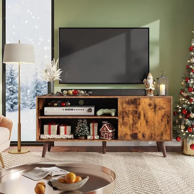 Alt view image 2 of 7 - WLIVE TV Stand for 55 Inch TVs, Entertainment Center with Storage Cabinet, Mid-Century TV Stands for Living Room and Bedroom, 50" TV Console, Brown