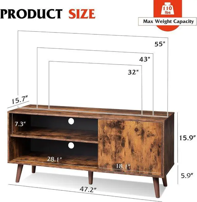 Alt view image 3 of 7 - WLIVE TV Stand for 55 Inch TVs, Entertainment Center with Storage Cabinet, Mid-Century TV Stands for Living Room and Bedroom, 50" TV Console, Brown