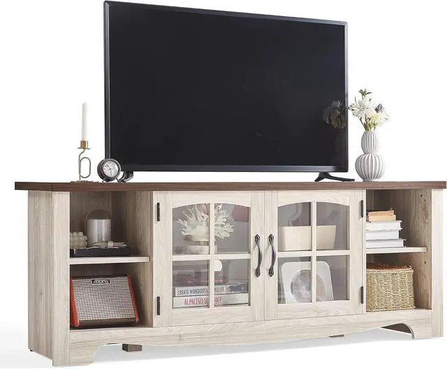 Main image of LINSY HOME Farmhouse TV Stand for 65 Inch TV, Wood Entertainment Center with Glass Door Storage Cabinet & Adjustable Shelves, Large Sturdy TV Console Table for Living Room Bedroom