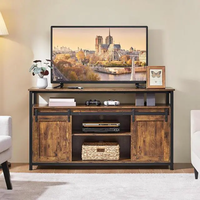 Alt view image 2 of 7 - Yaheetech Tall Farmhouse TV Stand for 65 Inch TV, Barn Doors, Rustic Brown