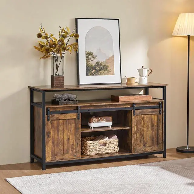 Alt view image 5 of 7 - Yaheetech Tall Farmhouse TV Stand for 65 Inch TV, Barn Doors, Rustic Brown