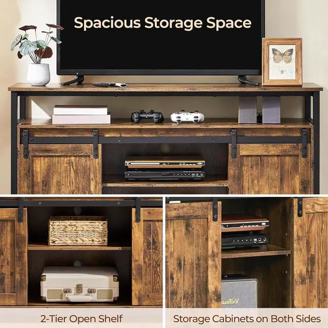 Alt view image 6 of 7 - Yaheetech Tall Farmhouse TV Stand for 65 Inch TV, Barn Doors, Rustic Brown