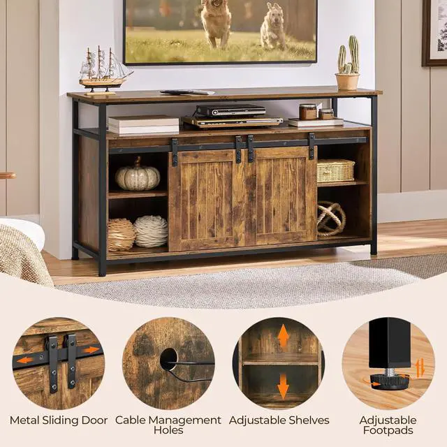Alt view image 7 of 7 - Yaheetech Tall Farmhouse TV Stand for 65 Inch TV, Barn Doors, Rustic Brown