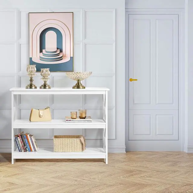 Alt view image 4 of 7 - Yaheetech Narrow Console Table 42" L White 3-Tier X-Design Entryway Shelves