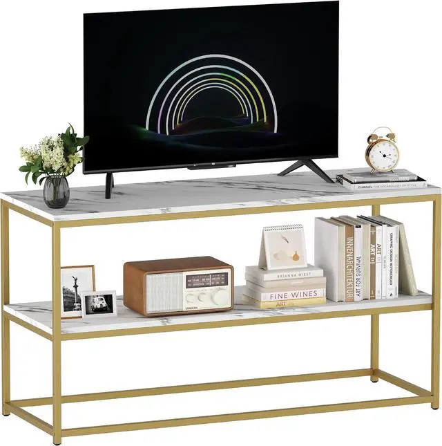 Main image of Function Home TV Stand for TVs up to 50 Inch, 2 Tier Entertainment Center, Modern TV Cabinet with Marble Top and Gold Metal Base, 42" Media Console Table with Storage for Living Room Bedroom