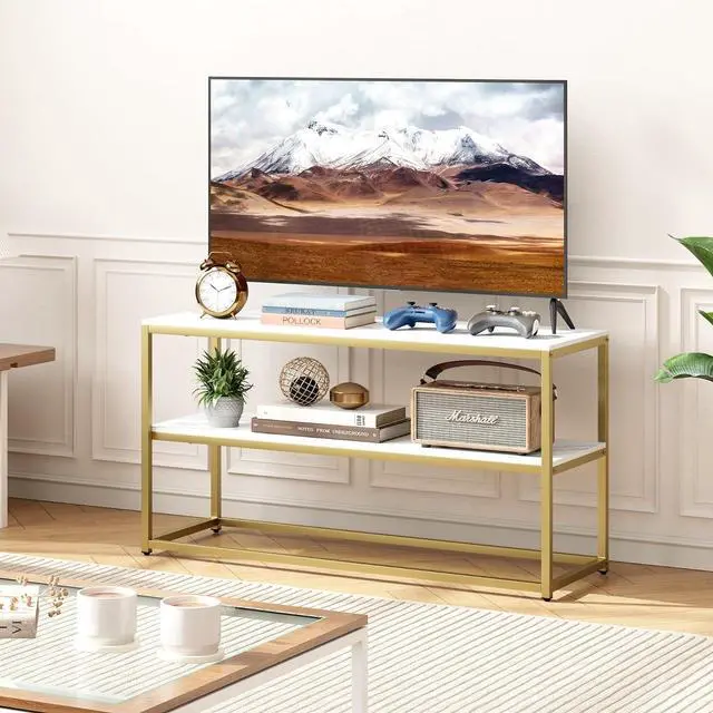 Alt view image 2 of 7 - Function Home TV Stand for TVs up to 50 Inch, 2 Tier Entertainment Center, Modern TV Cabinet with Marble Top and Gold Metal Base, 42" Media Console Table with Storage for Living Room Bedroom
