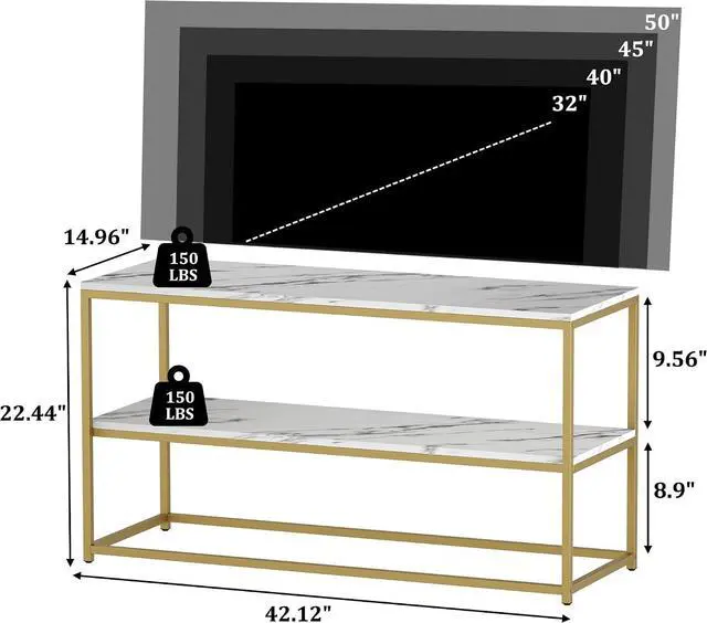 Alt view image 3 of 7 - Function Home TV Stand for TVs up to 50 Inch, 2 Tier Entertainment Center, Modern TV Cabinet with Marble Top and Gold Metal Base, 42" Media Console Table with Storage for Living Room Bedroom