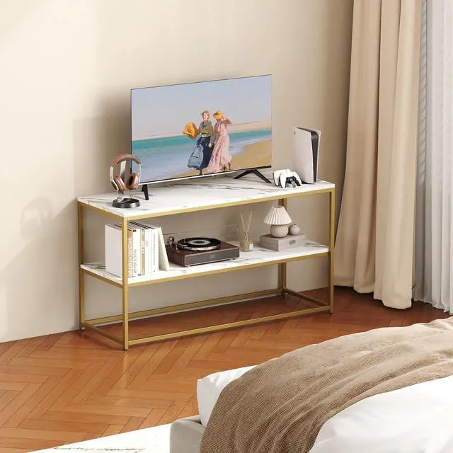 Alt view image 4 of 7 - Function Home TV Stand for TVs up to 50 Inch, 2 Tier Entertainment Center, Modern TV Cabinet with Marble Top and Gold Metal Base, 42" Media Console Table with Storage for Living Room Bedroom