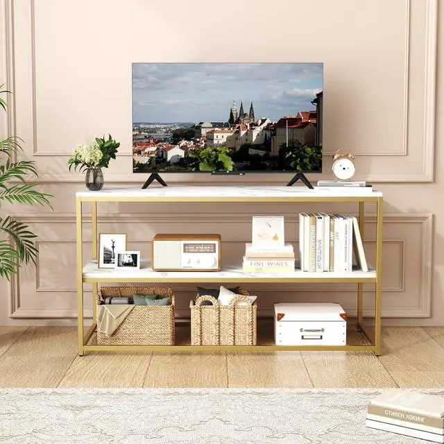 Alt view image 5 of 7 - Function Home TV Stand for TVs up to 50 Inch, 2 Tier Entertainment Center, Modern TV Cabinet with Marble Top and Gold Metal Base, 42" Media Console Table with Storage for Living Room Bedroom