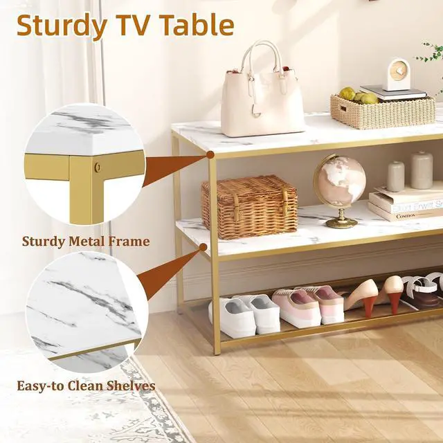 Alt view image 7 of 7 - Function Home TV Stand for TVs up to 50 Inch, 2 Tier Entertainment Center, Modern TV Cabinet with Marble Top and Gold Metal Base, 42" Media Console Table with Storage for Living Room Bedroom