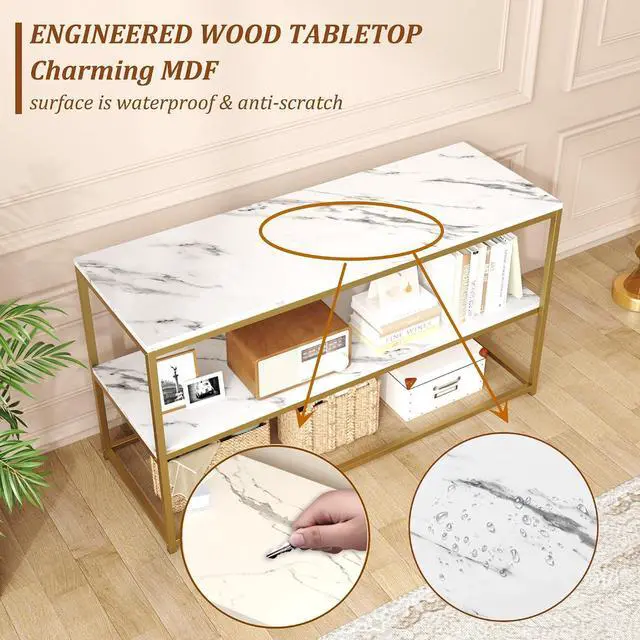 Alt view image 6 of 7 - Function Home TV Stand for TVs up to 50 Inch, 2 Tier Entertainment Center, Modern TV Cabinet with Marble Top and Gold Metal Base, 42" Media Console Table with Storage for Living Room Bedroom