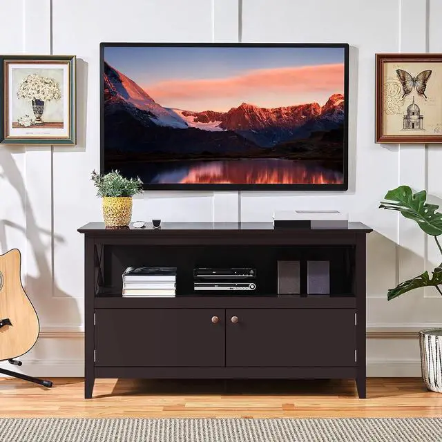 Alt view image 2 of 7 - Yaheetech 42in Small TV Stand with Storage, Espresso X-Frame Media Cabinet