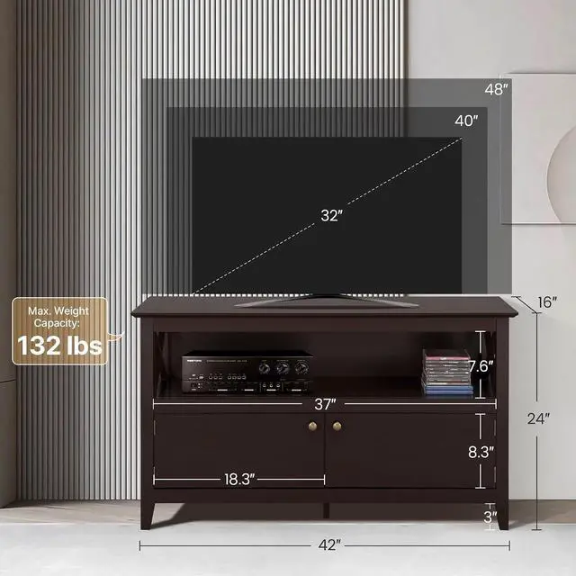 Alt view image 3 of 7 - Yaheetech 42in Small TV Stand with Storage, Espresso X-Frame Media Cabinet