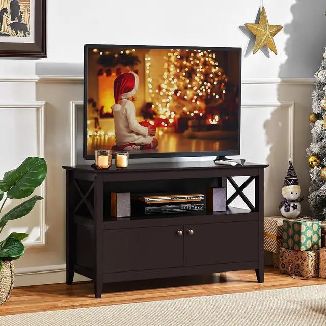 Alt view image 4 of 7 - Yaheetech 42in Small TV Stand with Storage, Espresso X-Frame Media Cabinet