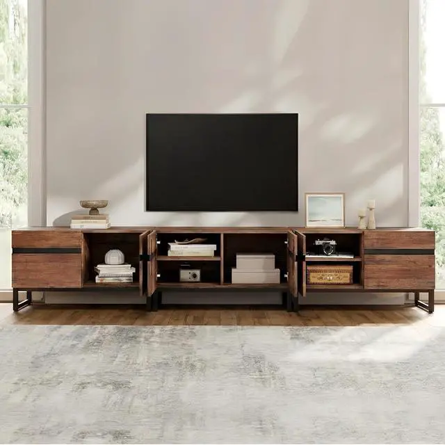 Alt view image 5 of 7 - WAMPAT Modern TV Stand for 32-110 Inch TVs, Wood Entertainment Center with Metal Base Storage Cabinets, Media TV Console for Living Room, Brown, 3Pcs