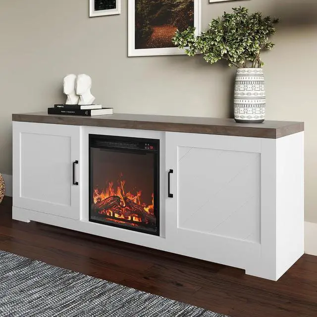 Alt view image 3 of 7 - BELLEZE Modern 58" Farmhouse TV Stand with 18" Electric Fireplace Heater & Media Entertainment Center for TV up to 65", Console Table with Storage Cabinets - Hilo (White)