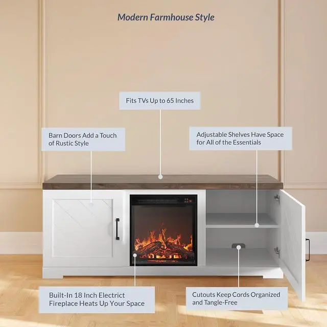 Alt view image 4 of 7 - BELLEZE Modern 58" Farmhouse TV Stand with 18" Electric Fireplace Heater & Media Entertainment Center for TV up to 65", Console Table with Storage Cabinets - Hilo (White)