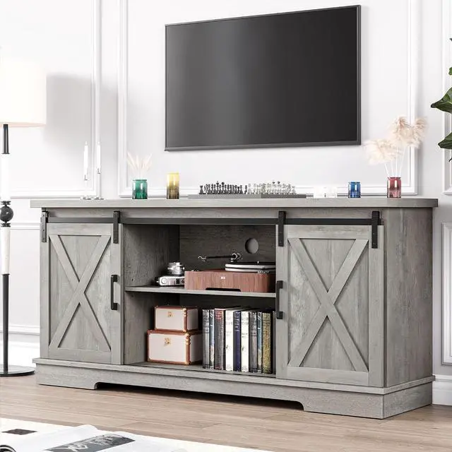 Main image of IDEALHOUSE Grey Farmhouse Cabinet, 65 Inch TV Stand with Storage, Barn Doors and Shelves, Modern TV Console Table Furniture for Living Bedroom