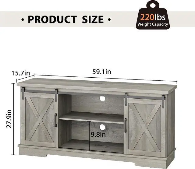 Alt view image 2 of 7 - IDEALHOUSE Grey Farmhouse Cabinet, 65 Inch TV Stand with Storage, Barn Doors and Shelves, Modern TV Console Table Furniture for Living Bedroom