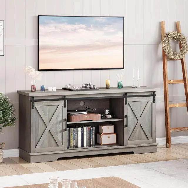 Alt view image 3 of 7 - IDEALHOUSE Grey Farmhouse Cabinet, 65 Inch TV Stand with Storage, Barn Doors and Shelves, Modern TV Console Table Furniture for Living Bedroom