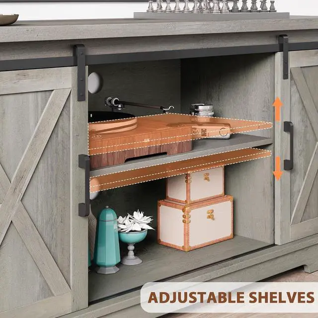 Alt view image 6 of 7 - IDEALHOUSE Grey Farmhouse Cabinet, 65 Inch TV Stand with Storage, Barn Doors and Shelves, Modern TV Console Table Furniture for Living Bedroom