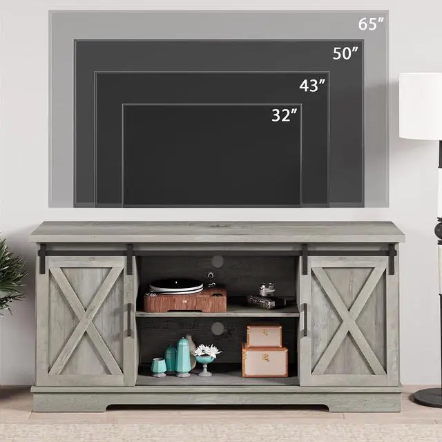 Alt view image 7 of 7 - IDEALHOUSE Grey Farmhouse Cabinet, 65 Inch TV Stand with Storage, Barn Doors and Shelves, Modern TV Console Table Furniture for Living Bedroom